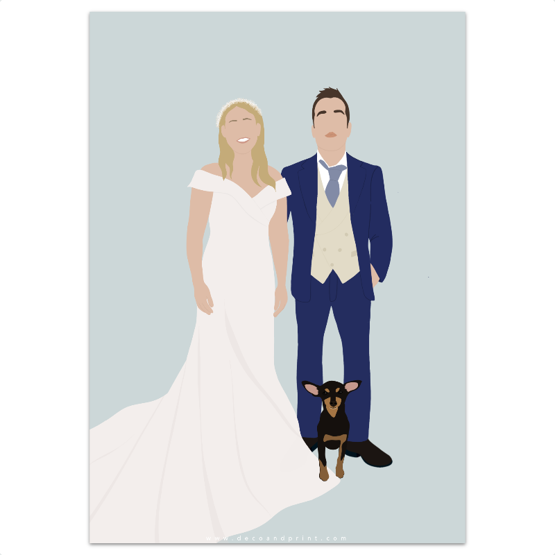 ilustracion personalizada pareja de novios con mascota
